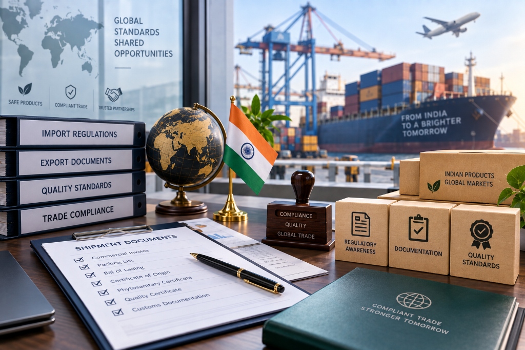 Trade experts reviewing global market trends and Indian product opportunities for international compliance